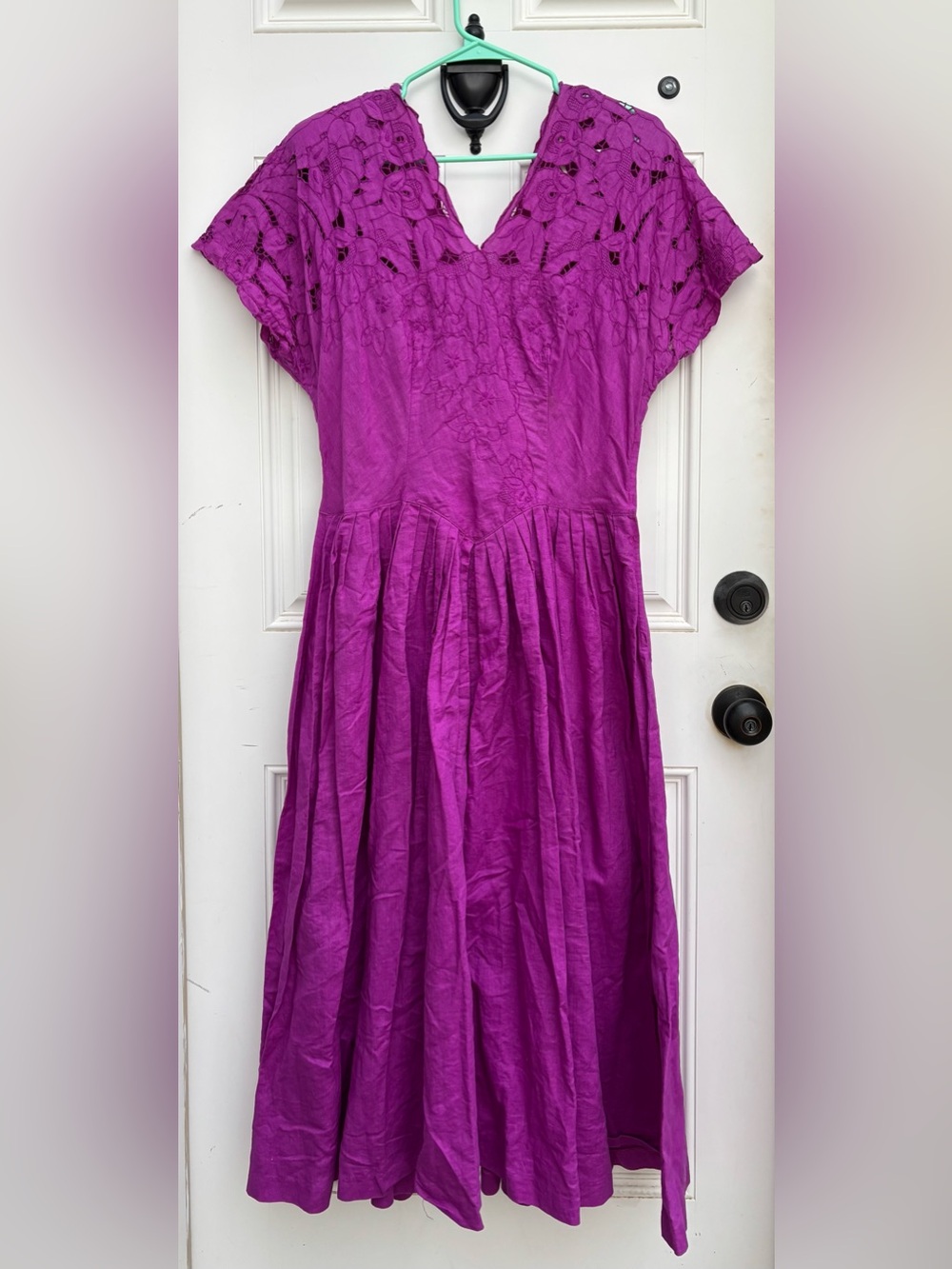 Vintage 90s Plaza South Ramie Cotton Cutout Lace Midi Dress Purple Magenta 12